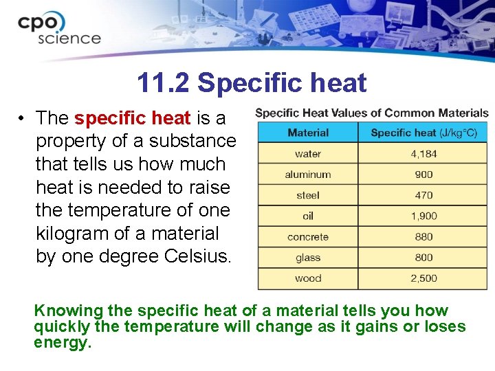 11. 2 Specific heat • The specific heat is a property of a substance