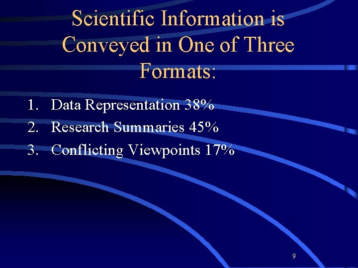 Scientific Information is Conveyed in One of Three Formats: 1. Data Representation 38% 2.
