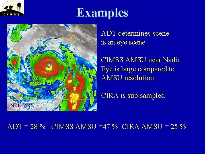 Examples ADT determines scene is an eye scene CIMSS AMSU near Nadir. Eye is