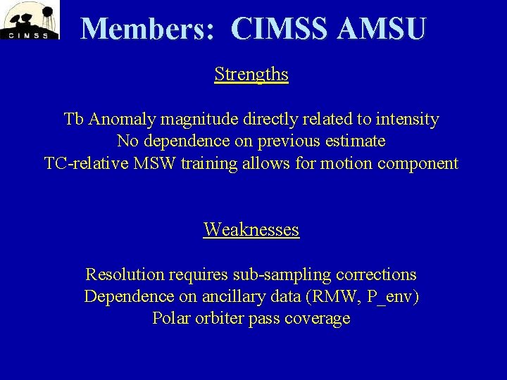 Members: CIMSS AMSU Strengths Tb Anomaly magnitude directly related to intensity No dependence on