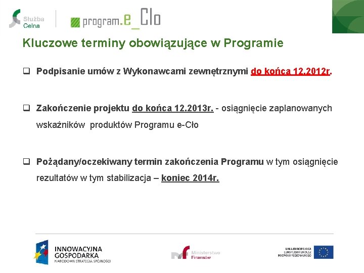 Kluczowe terminy obowiązujące w Programie q Podpisanie umów z Wykonawcami zewnętrznymi do końca 12.