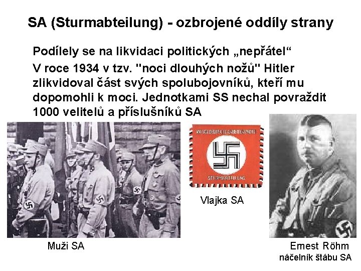 SA (Sturmabteilung) - ozbrojené oddíly strany Podílely se na likvidaci politických „nepřátel“ V roce