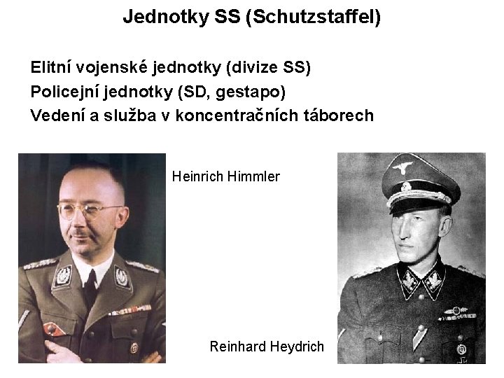 Jednotky SS (Schutzstaffel) Elitní vojenské jednotky (divize SS) Policejní jednotky (SD, gestapo) Vedení a