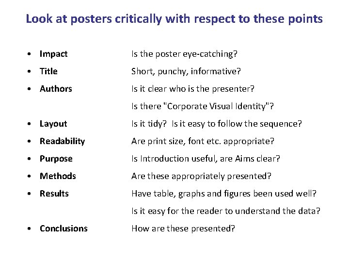 Look at posters critically with respect to these points • Impact Is the poster