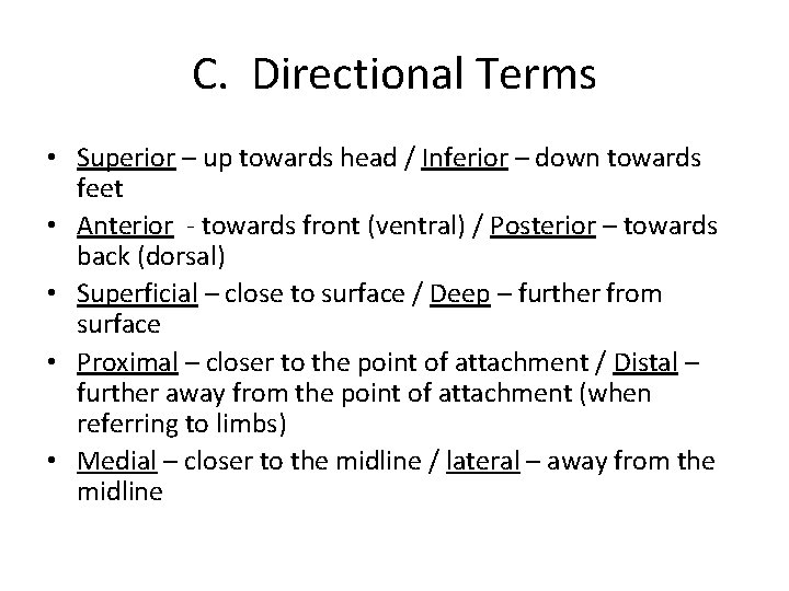 C. Directional Terms • Superior – up towards head / Inferior – down towards