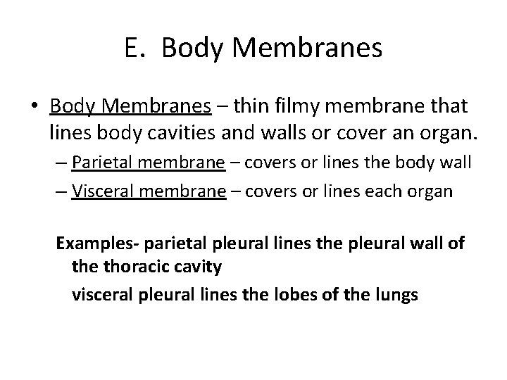 E. Body Membranes • Body Membranes – thin filmy membrane that lines body cavities