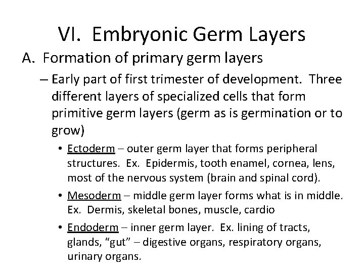 VI. Embryonic Germ Layers A. Formation of primary germ layers – Early part of