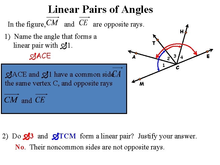 Linear Pairs of Angles In the figure, and are opposite rays. 1) Name the