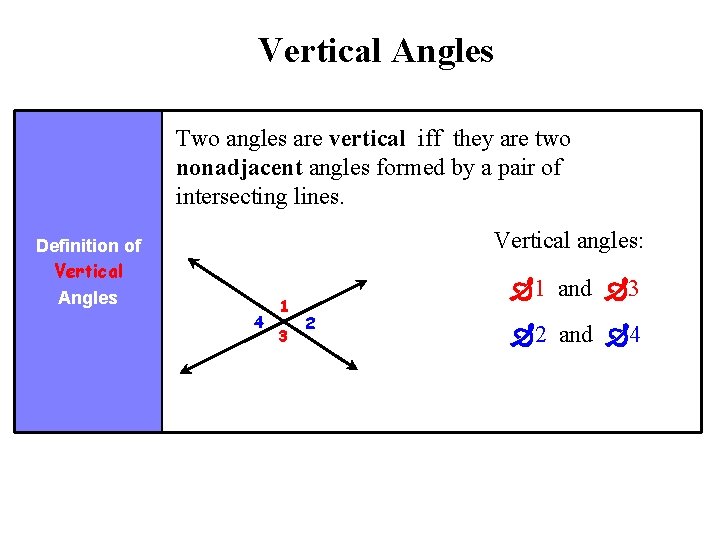 Vertical Angles Two angles are vertical iff they are two nonadjacent angles formed by