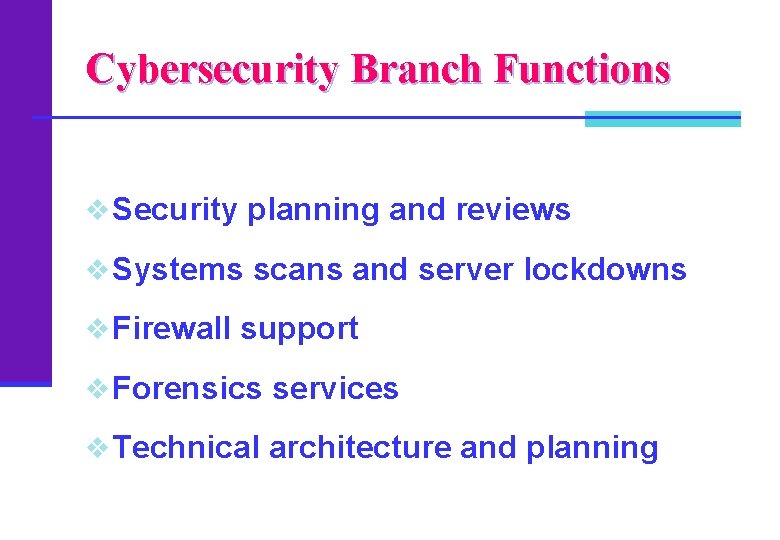 Cybersecurity Branch Functions v Security planning and reviews v Systems scans and server lockdowns