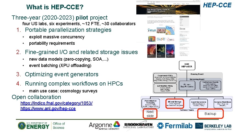 HEP-CCE What is HEP-CCE? Three-year (2020 -2023) pilot project four US labs, six experiments,