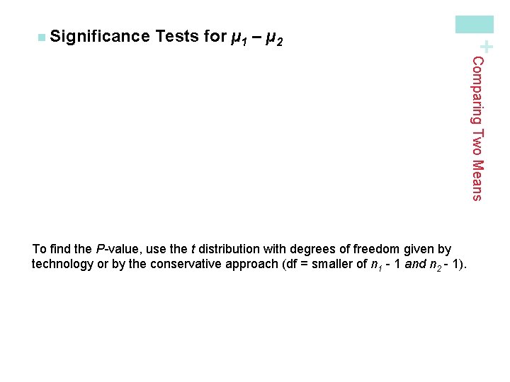 Tests for µ 1 – µ 2 + n Significance Comparing Two Means To