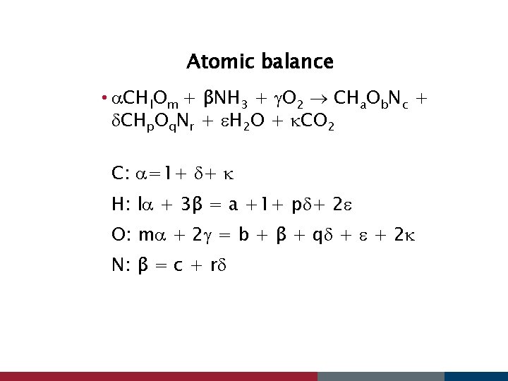 Atomic balance • CHl. Om + βNH 3 + O 2 CHa. Ob. Nc