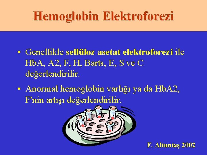 Hemoglobin Elektroforezi • Genellikle sellüloz asetat elektroforezi ile Hb. A, A 2, F, H,