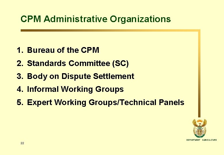 CPM Administrative Organizations 1. Bureau of the CPM 2. Standards Committee (SC) 3. Body