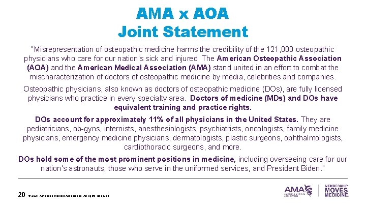 AMA x AOA Joint Statement “Misrepresentation of osteopathic medicine harms the credibility of the