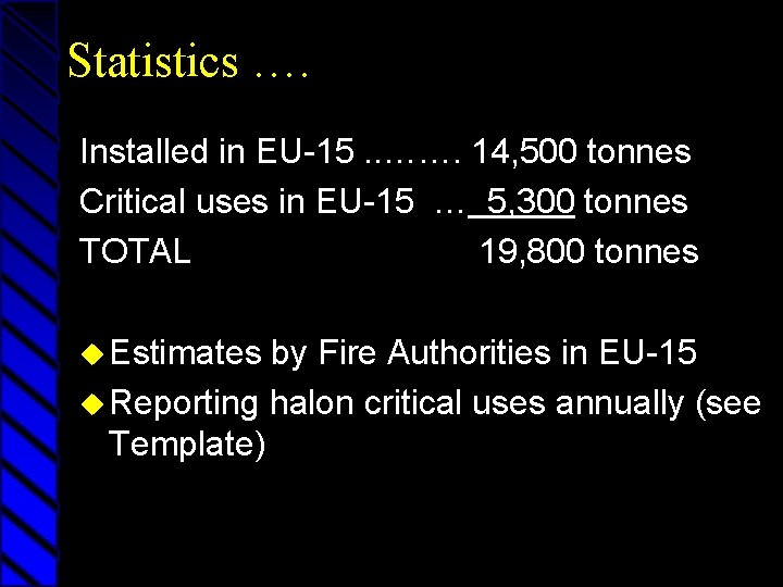 Statistics …. Installed in EU-15. . ……. 14, 500 tonnes Critical uses in EU-15