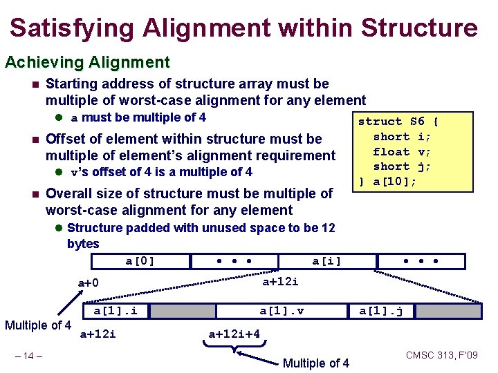 Satisfying Alignment within Structure Achieving Alignment n Starting address of structure array must be