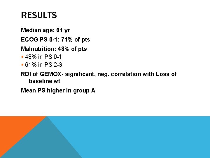 RESULTS Median age: 61 yr ECOG PS 0 -1: 71% of pts Malnutrition: 48%