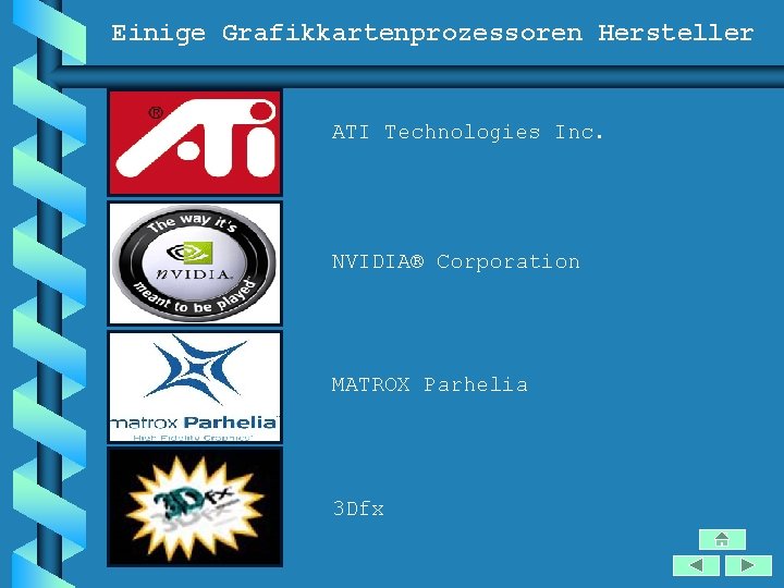 Einige Grafikkartenprozessoren Hersteller ATI Technologies Inc. NVIDIA® Corporation MATROX Parhelia 3 Dfx 