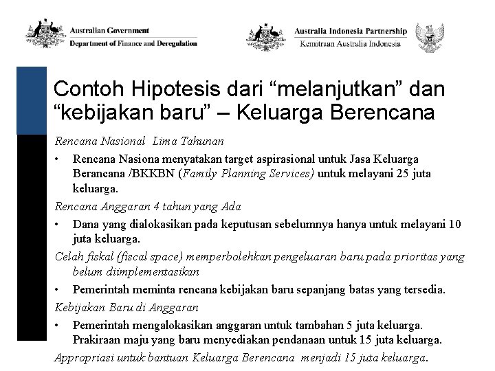 Contoh Hipotesis dari “melanjutkan” dan “kebijakan baru” – Keluarga Berencana Rencana Nasional Lima Tahunan