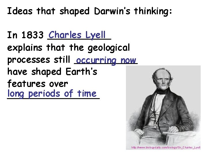 Ideas that shaped Darwin’s thinking: Charles Lyell In 1833 ______ explains that the geological