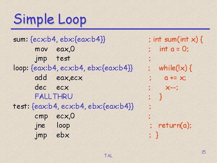 Simple Loop sum: {ecx: b 4, ebx: {eax: b 4}} mov eax, 0 jmp