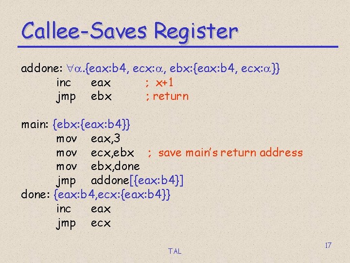 Callee-Saves Register addone: a. {eax: b 4, ecx: a, ebx: {eax: b 4, ecx: