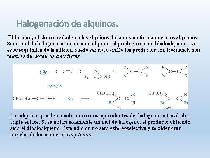 Halogenación de alquinos. El bromo y el cloro se añaden a los alquinos de