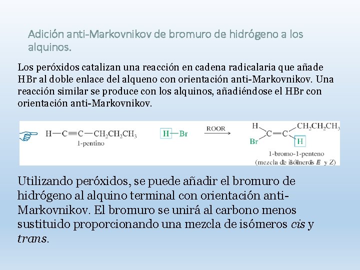 Adición anti-Markovnikov de bromuro de hidrógeno a los alquinos. Los peróxidos catalizan una reacción