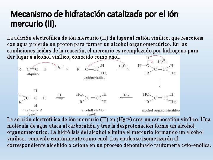 Mecanismo de hidratación catalizada por el ión mercurio (II). La adición electrofílica de ión