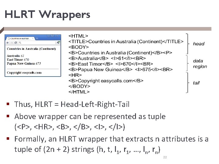 HLRT Wrappers § Thus, HLRT = Head-Left-Right-Tail § Above wrapper can be represented as