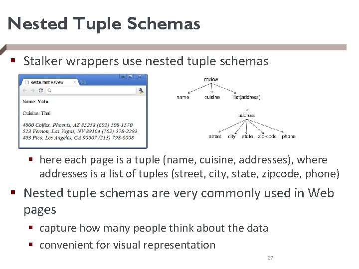 Nested Tuple Schemas § Stalker wrappers use nested tuple schemas § here each page