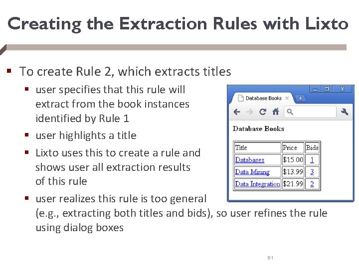 Creating the Extraction Rules with Lixto § To create Rule 2, which extracts titles