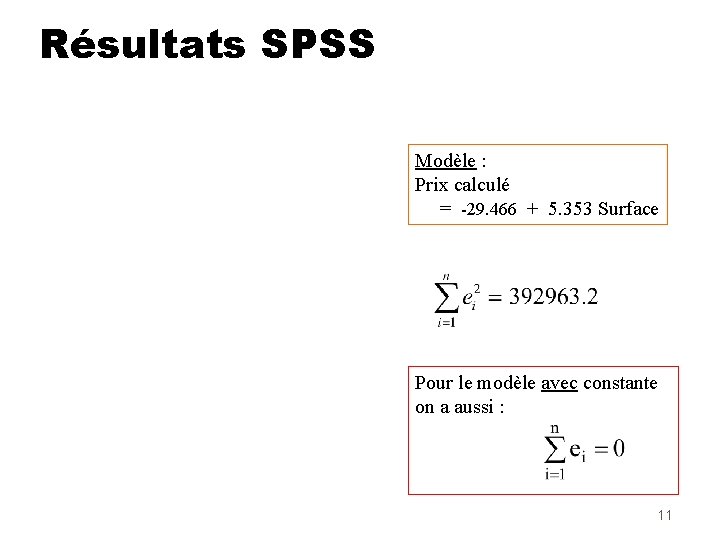 Résultats SPSS Modèle : Prix calculé = -29. 466 + 5. 353 Surface Pour