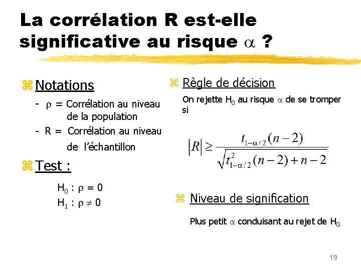 La corrélation R est-elle significative au risque ? z Notations - = Corrélation au