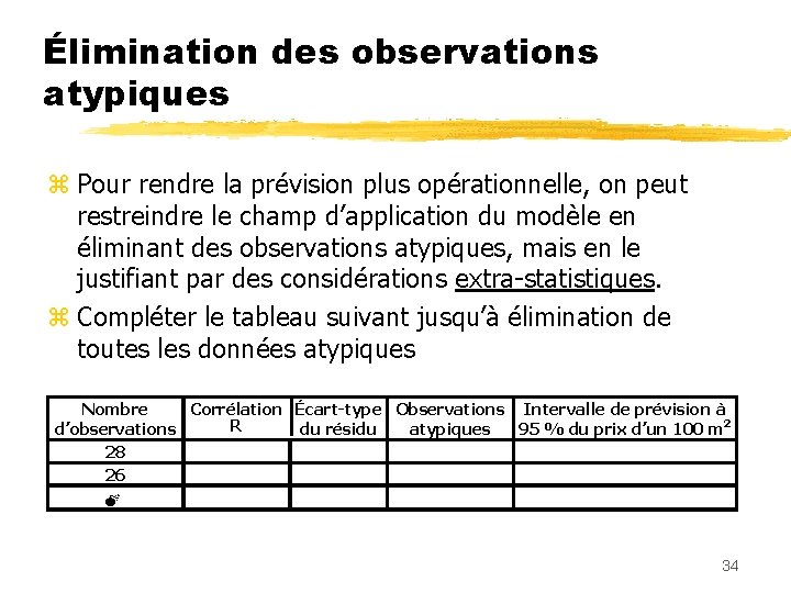 Élimination des observations atypiques z Pour rendre la prévision plus opérationnelle, on peut restreindre