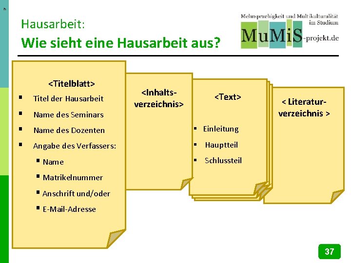 n Hausarbeit: Wie sieht eine Hausarbeit aus? <Titelblatt> § § Titel der Hausarbeit Name