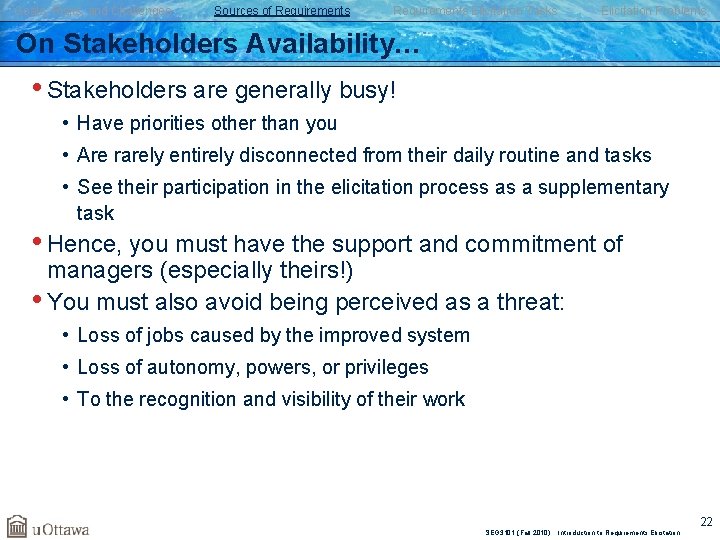 Goals, Risks, and Challenges Sources of Requirements Elicitation Tasks Elicitation Problems On Stakeholders Availability…