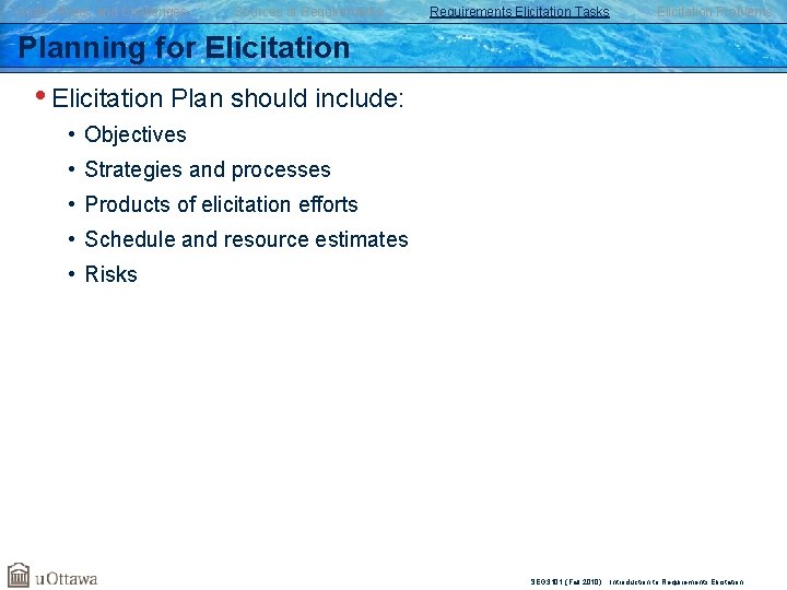 Goals, Risks, and Challenges Sources of Requirements Elicitation Tasks Elicitation Problems Planning for Elicitation