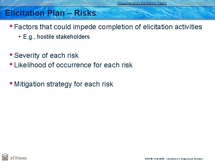Goals, Risks, and Challenges Sources of Requirements Elicitation Tasks Elicitation Problems Elicitation Plan –