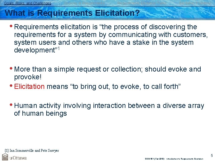 Goals, Risks, and Challenges Sources of Requirements Elicitation Tasks Elicitation Problems What is Requirements