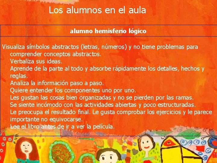 Los alumnos en el aula alumno hemisferio lógico Visualiza símbolos abstractos (letras, números) y