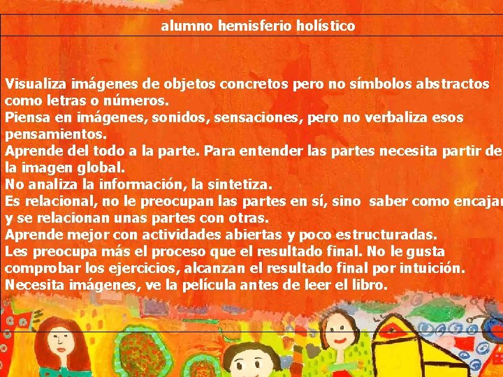 alumno hemisferio holístico Visualiza imágenes de objetos concretos pero no símbolos abstractos como letras