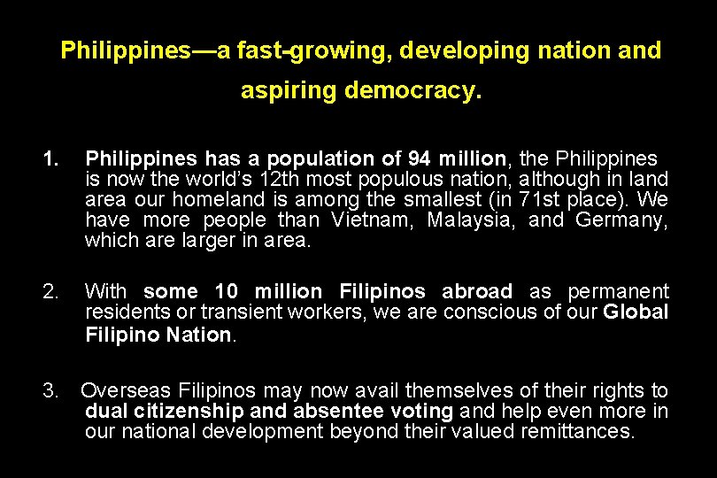 Philippines—a fast-growing, developing nation and aspiring democracy. 1. Philippines has a population of 94