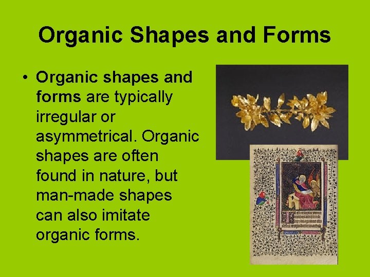 Organic Shapes and Forms • Organic shapes and forms are typically irregular or asymmetrical.