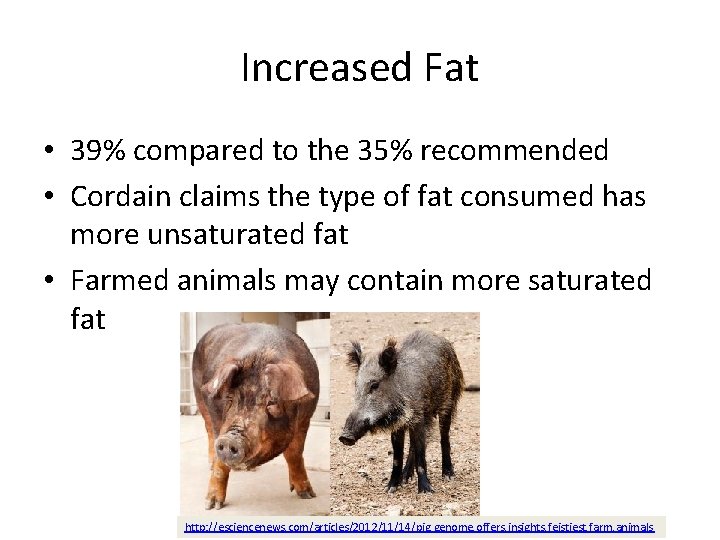 Increased Fat • 39% compared to the 35% recommended • Cordain claims the type
