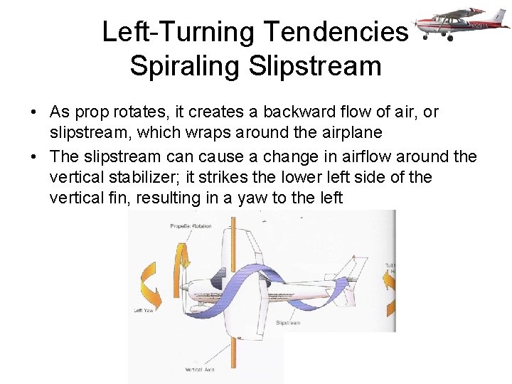 Left-Turning Tendencies Spiraling Slipstream • As prop rotates, it creates a backward flow of