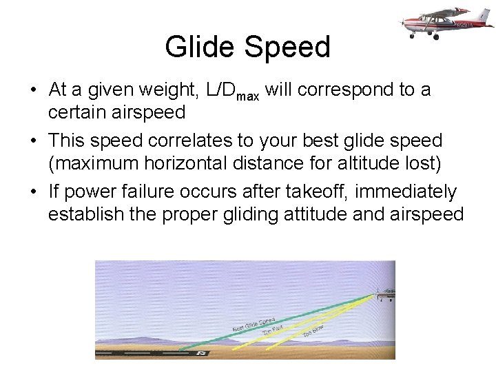 Glide Speed • At a given weight, L/Dmax will correspond to a certain airspeed