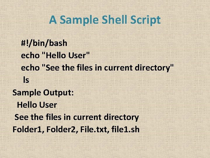 A Sample Shell Script #!/bin/bash echo "Hello User" echo "See the files in current